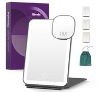 LED Foldable Travel Makeup Mirror - 5x7 inches 3 Colors Light Modes USB Rechargeable Touch Screen, Portable Tabletop Cosmetic Mirror for Travel, Cosmetic, Office (Black)