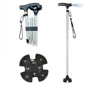 LED Foldaway Walking Stick/Cane/Mobility Aid Ergonom Height Adjustable Quad Base (Silver)