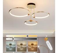 Led Gold Ceiling Light, 3 Round Ring Design/ Ø56cm Chandelier, 60W Stepless Dimmable, Creative Metal Electroplate Pendant, Modern Lamp For Bedroom Living Children Office Study Kitchen Hallway