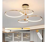 Led Gold Ceiling Light, 4 Round Ring Design/ Ø75cm Chandelier, 85W Stepless Dimmable, Creative Metal Electroplate Pendant, Modern Lamp For Bedroom Living Children Office Study Kitchen Hallway