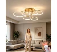 LED Gold Ceiling Light Dimmable, 6-Flame Ceiling Lamp 100 cm Living Room light With Night Light Function Designer Lighting Ceiling Lighting for Living Room Bedroom Kitchen Dining Room (Gold, 6-Ring)