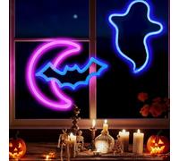 LED Halloween Window Light Hanging Decorations USB or 3x AA Battery Powered Halloween Bat Ghost Neon Lights Sign,Light up Halloween Banner for Bedroom Living Room Bar Party Dorm Office