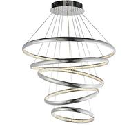 LED Hanging Ceiling Pendant Light - 97W Warm White - Polished Chrome & Crystal 5 Ring/Hoop Strip Lamp Shade - Adjustable Drop Modern Chandelier -Dining Table/Island Feature- Fitting & Driver