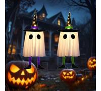 LED Hanging Ghost Lights Halloween Decorations Indoor or Outdoor with Witch Hat Party Decor Haunted House Hanging Light for Porch Garden and Trees (Purple+Green,2 PCS)