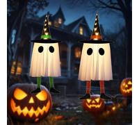 LED Hanging Ghost Lights Halloween Decorations Indoor or Outdoor with Witch Hat Party Decor Haunted House Hanging Light for Porch Garden and Trees (Orange+Green,2 PCS)