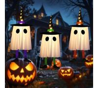 LED Hanging Ghost Lights Halloween Decorations Indoor or Outdoor with Witch Hat Party Decor Haunted House Hanging Light for Porch Garden and Trees (Purple+Orange+Green,3 PCS)