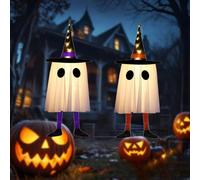 LED Hanging Ghost Lights Halloween Decorations Indoor or Outdoor with Witch Hat Party Decor Haunted House Hanging Light for Porch Garden and Trees (Purple+Orange,2 PCS)