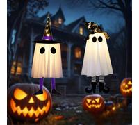LED Hanging Ghost Lights Halloween Decorations Indoor or Outdoor with Witch Hat Party Decor Haunted House Hanging Light for Porch Garden and Trees (Black+Purple,2 PCS)