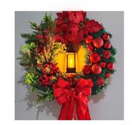 LED Holiday Wreath with Red Bow and Pine Embellishments for Door and Window Decoration, Built to Last with Plastic and Wire (H-40cm)