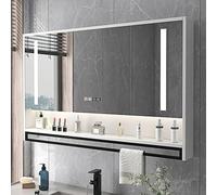 LED Illuminated Bathroom Mirror with Anti-Fog Button, Storage Container, Elegant White Finish, 100x12x75 cm - Stylish & Functional Makeup Mirror for Modern Bathrooms