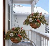 LED Illuminated Christmas Hanging Baskets, Outdoor Artificial Decor with Pine Cones and Berries, 2-Pack for Porch and Winter Display