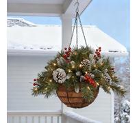 LED Illuminated Christmas Hanging Baskets, Outdoor Artificial Decor with Pine Cones and Berries, 2-Pack for Porch and Winter Display