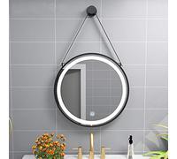 LED Illuminated Hanging Bathroom Mirror with Hanging Strap, Contemporary Round Chic Vanity Makeup Mirror with Touch Switch and Demister Anti-fog, Metal Frame