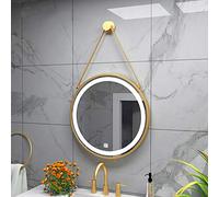 LED Illuminated Hanging Bathroom Mirror with Hanging Strap, Contemporary Round Chic Vanity Makeup Mirror with Touch Switch and Demister Anti-fog, Metal Frame