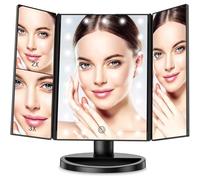 LED Illuminated Makeup Mirror Countertop Vanity Mirrors with Tri-Fold Design, 24 LED Lights, 3x Magnification Smart Mirror Touch Screen Travel Fold Cosmetic Mirror With Led Light Touch Control