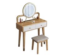 LED Illuminated Makeup Vanity Table with Mirror, 31.5" Natural Wood Dressing Desk, Double Drawer & Chair, Versatile Storage, Left/Right Installation