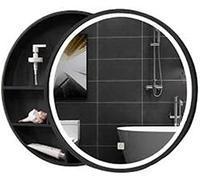 LED Illuminated Round Mirror Bathroom Cabinet, Wall-Mounted Storage with Sliding Mirror, 3-Tier Wooden for Stylish Home Décor.