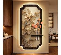 LED Light Decor Wall Art, Chinese Bird Wall Hanging Painting with Light & Glass Vase, Wall-Mounted Flower Sandstone Wall Lamp for Living Room Entrance Corridor(A,40 * 80cm)