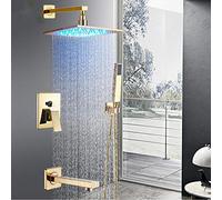 LED Light Golden Shower Faucet Set Single Handle Rainfall Bath Shower Mixer with Brass Bath Spout Concealed Bathroom Shower Taps