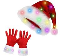 LED Light Up Christmas Hat with Christmas Light Up Gloves Set Novelty Glowing Santa Hat for Kids Adults Fluffy Fleece Red Xmas Warm Gloves for Christmas Parties, Cosplay, Halloween, Festive Events