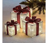LED Light Up Decorative Christmas Parcel Coloured Set with Bow Indoor Outdoor Decoration Xmas Lights - Set of 3 (Silver & Red)