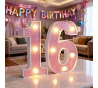 LED Light Up Numbers, 16 Marquee Numbers Light Sign, 6.3 inch Pink LED Number Lights for 16th Birthday Decorations, Warm Lighted Number Sign for Birthday Wedding Anniversary Home Wall Decor