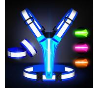 Led Light Up Running Vest Reflective Vest for runners night walking, Rechargeable LED Reflective Running Vest High Visibility with Adjustable Waist/Shoulde, Reflective Armband for Women Men (Bule)