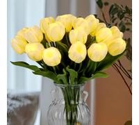 LED Lighted Artificial Tulips, Tulip Lamp, Real Touch Tulip Flowers, 15 Inch Faux Tulip Bouquet with Battery Operated Lights for Gifts, Home Kitchedn Wedding Decor (White)