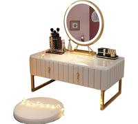 LED Lighted Bay Window Dressing Table with Mirror & Drawers Touch Control Velvet Makeup Desk Stylish Vanity Desk in Grey & White (80cm) Perfect for Home & Beauty Enthusiasts