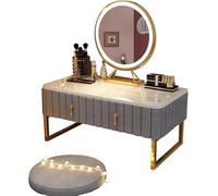 LED Lighted Bay Window Dressing Table with Touch Control Mirror Velvet Makeup Desk with Drawers Stylish Grey Vanity Furniture (80cm XX Large)