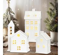 LED Lighted Christmas Village Houses - White Porcelain Town Scene Desktop Ornaments, Ceramic Holiday Farmhouse Rustic Decor for Home Table Room