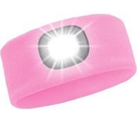 LED Lighted Headband, USB Rechargeable Night Running Headlamp Running Lights for Runners with 4 LED, Head Torch Stretchy and Waterproof, Hands Free Flashlight for Runners Dog Walking Hiking (Pink)