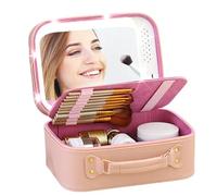 LED Lighted Makeup Case - 24cm Travel Cosmetic Organizer, PU Leather Beauty Storage Box with Illuminated Mirror | Waterproof Large Capacity Compartment Holder for Jewelry Skincare Toiletries Brush