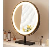 LED Lighted Makeup Mirror Round Desktop Cosmetic Mirror with Adjustable Tri-Color Dimming 45cm Touch Control Sl lack Metal Frame for Vanity Table Perfect for Beauty and Grooming.