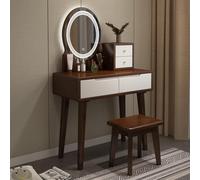 LED Lighted Makeup Vanity Desk with Rubberwood Stool, Double Drawer and Curved Handles - Walnut Finish, 39.4in Dressing Table for Bedroom and Beauty Room