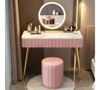 LED Lighted Makeup Vanity Set, Wooden Dressing Table with Cushioned Stool & Side Cabinet, Large Drawer for Bedroom & Dressing Room, Stylish Light Pink 39.4in