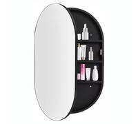 LED Lighted Oval Bathroom Mirror Cabinet - Wall-Mounted Wooden Storage with Touch-Switch - Stylish Organizer for Shower Room - Black, 50x80cm, Modern Design, Space-Saving Solution