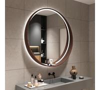 LED Lighted Round Bathroom Mirror - 3 Adjustable Colors Anti-Fog Shatterproof Solid Wood Frame Modern ty Mirror for Makeup Walnut Finish Stylish & Functional.