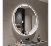 LED Lighted Round Bathroom Mirror 3 Color Adjustable Makeup Wall Mirror AntiFog Solid Wood Frame Shatterproof Vanity Mirror for Modern Bathrooms (White 80)