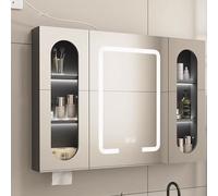 LED Lighted Smart Bathroom Medicine Cabinet Anti-Fog Aluminum Mirror with Touch Control Dimmable Multi-Layer Storage Glass Door Paper Hole Grey (100x11x65cm)