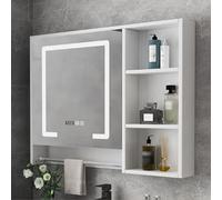 LED Lighted Solid Wood Medicine Cabinet with Anti-Fog Mirror, Wall-Mounted Bathroom Storage, Smart Vanity Cabinet with Open Rack & Towel Bar, Time & Temperature Dis