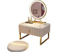 LED Lighted Vanity Desk with Touch Control Bay Window Dressing Table with Mirror & Drawers Velvet Makeup Station (Grey 80cm White 50cm) Modern & Elegant Design