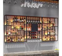 LED Lighted Wall Mounted Iron Bar Shelves with Wine Glass Holder and Liquor Bottle Display Rack for Home Bars and Kitchen Black 140x25x120cm