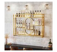 "LED Lighted Wall Mounted Wine Rack Metal Floating Shelves with Hanging Glass Holder & Liquor Bottle Display Large Capacity for Bar Kitchen Wine Cellar Decor Black/Gold"