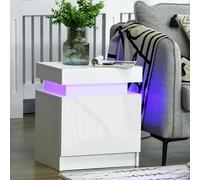 HOMCOM White Bedside Table, High Gloss Front Nightstand w/ LED Light, 2 Drawers - White