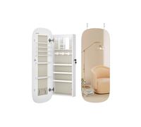 SONGMICS LED Mirror With Storage, Jewellery Cabinet Wall/Door Mounted, Lockable Rounded Wide Cabinet, Interior Mirror, 10 x 42 x 108 cm, White Surface With Greige Lining JJC026W01