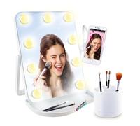 LED Makeup Mirror with Lights, Phone Holder, Makeup Caddy & 4 Brushes | GRWM Hollywood Vanity Mirror with 3 Light Modes, Touch Control Brightness for Makeup