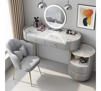 LED Makeup Vani Table with Marble Top 5 Ders & Anti-Tip Design Bedroom Dressing Table Set with Chair and Mirror Slish Cosmetic Fur for Women