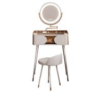 LED Makeup Vani Table with Round Mirror, 3 Color Lights, 1 Der, Upholstered Stool - Slish Dressing Table for Bedroom, Beau Stat Fur