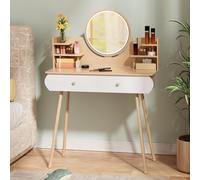 LED Makeup Vanity Desk with Adjustable Brightness 2 Drawers & Open Shelves Stylish Bedroom Dressing Table for Girls Wooden Makeup Table with Lighted Mirror